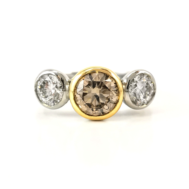Three stone cognac and diamond ring, brilliant round centre stone cognac diamond, yellow and white gold, anniversary ring, engagement ring, handcrafted, Eltham, Melbourne, Australia, trilogy