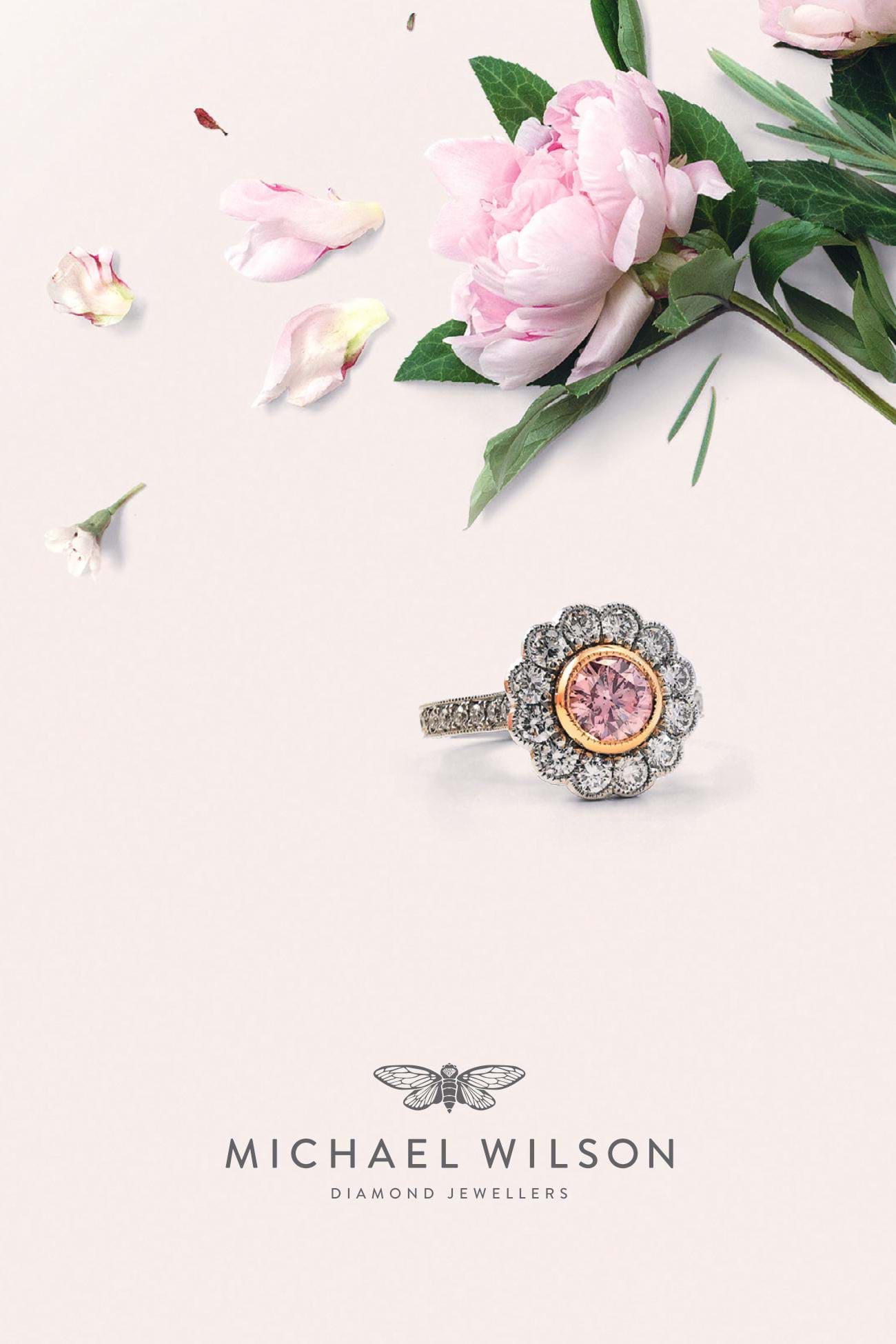 Argyle pink diamond flower cluster diamond ring, rose gold and platinum, dress ring, Melbourne Australia