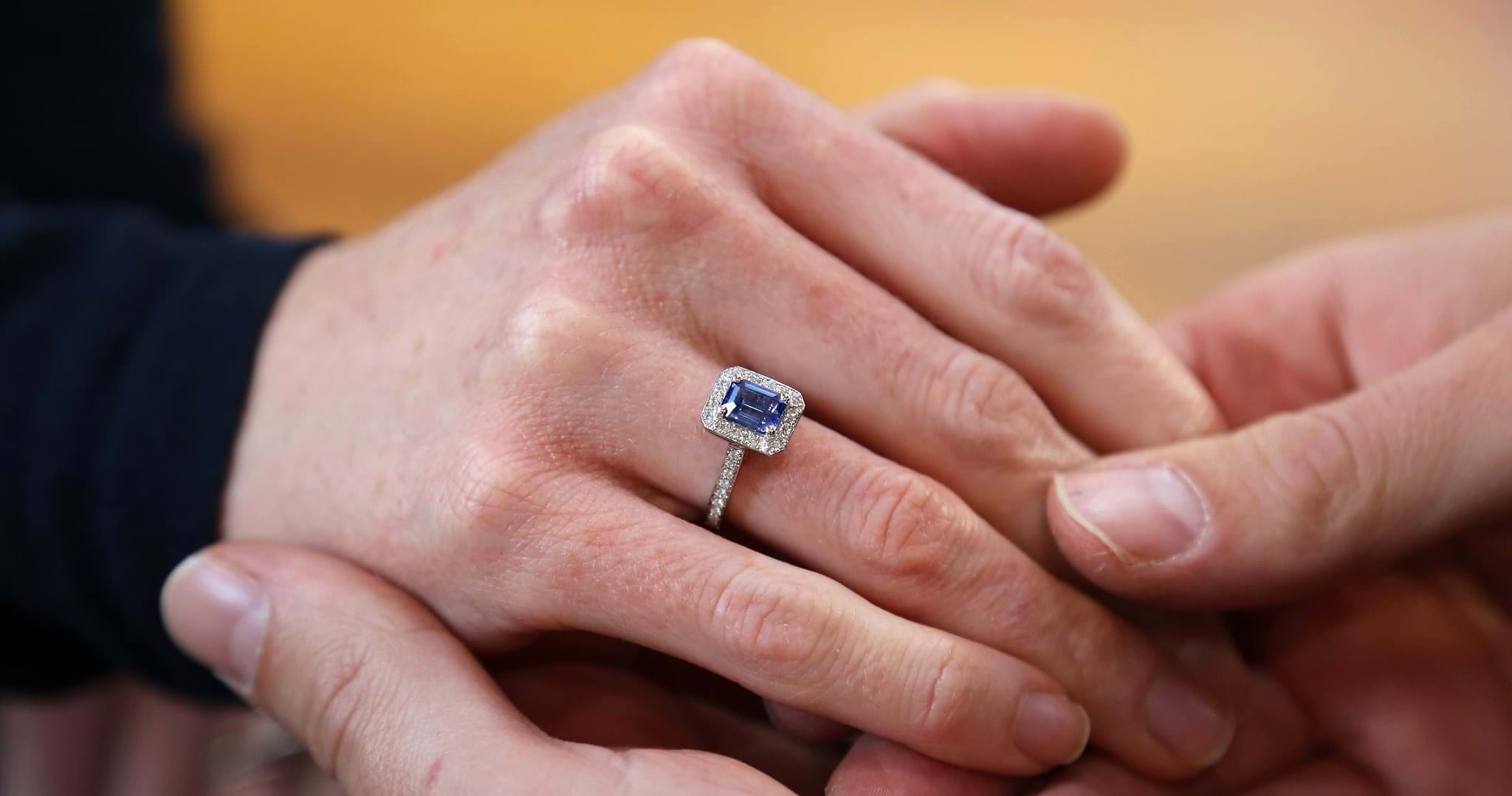 Blue sapphire emerald cut engagement ring, halo ring, diamond ring, Eltham jeweller, Melbourne, Australia