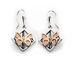 Eltham copper butterfly landscape frame hook earrings in two tone rose gold and sterling silver, Melbourne Australia