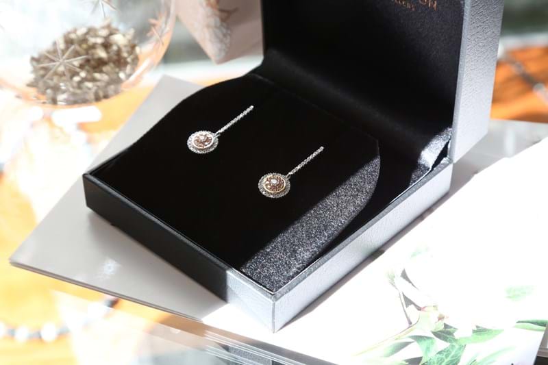 Argyle pink diamond halo drop earrings in black gift box, Eltham, Melbourne, Australia