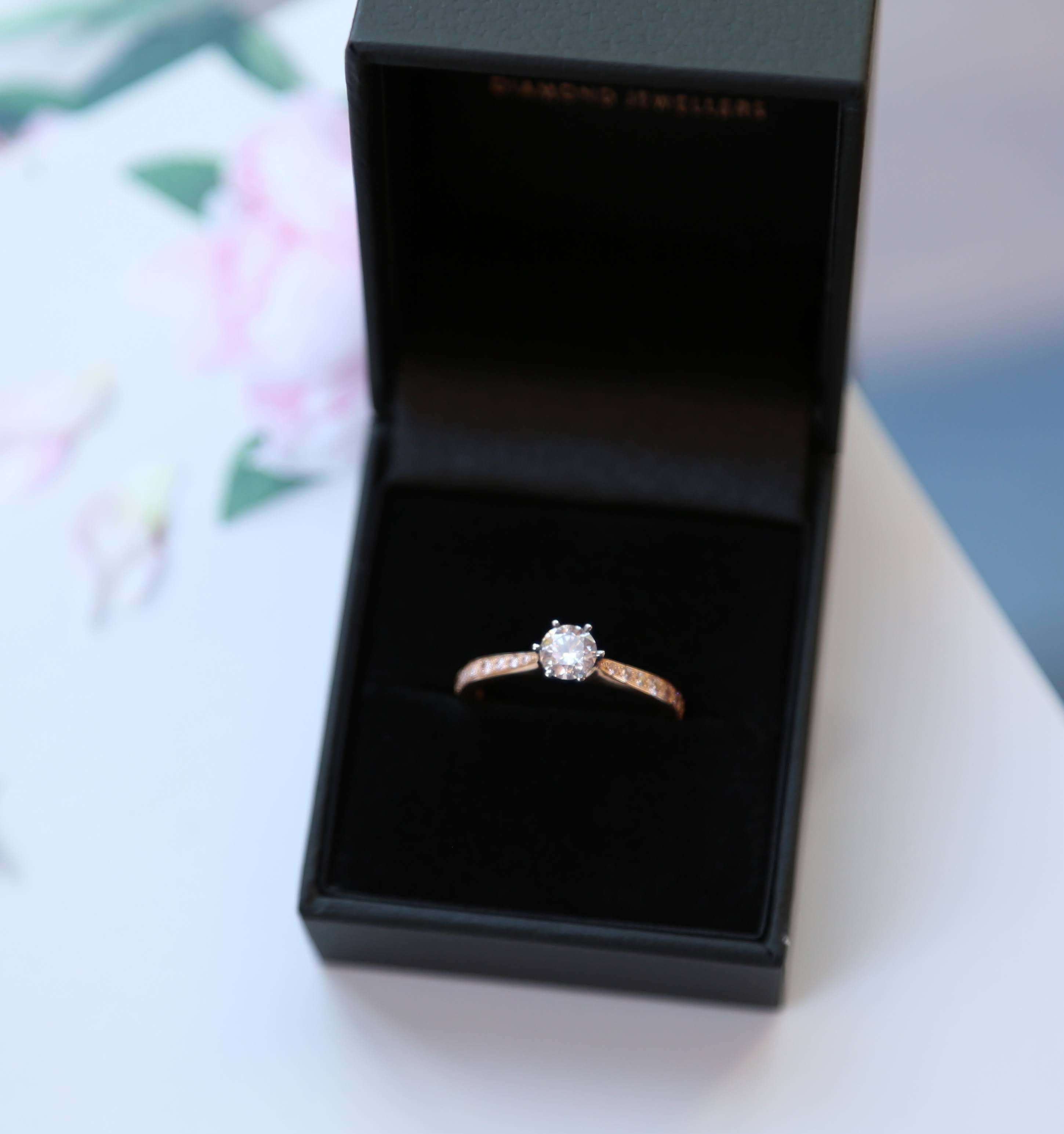 Six claw solitaire diamond ring with pink diamond shoulders, engagement rings, Eltham jeweller, Melbourne, Australia