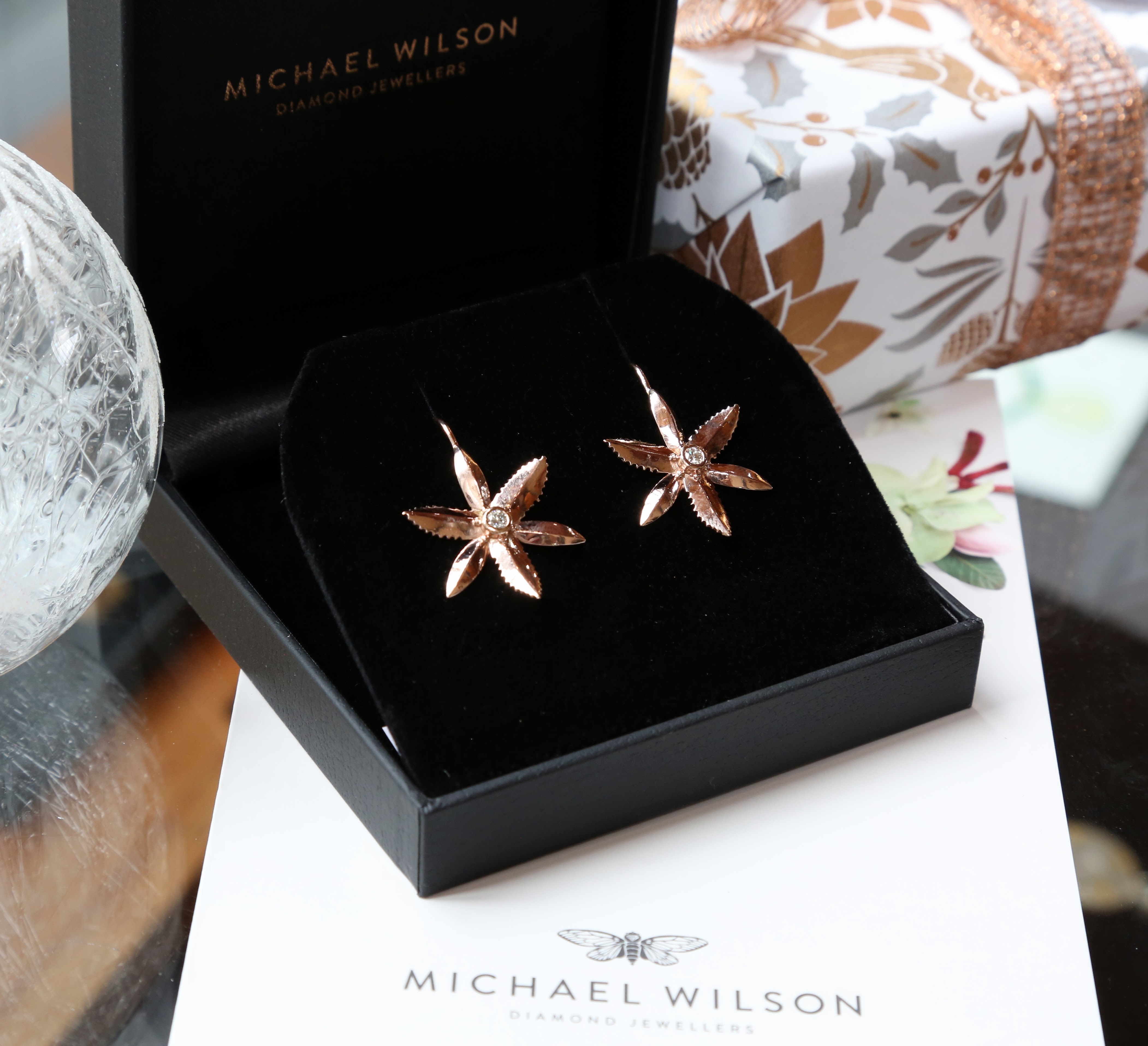 Diamond earrings, rose gold, Australian native flower, Chocolate Lily, Christmas gifts, shop online