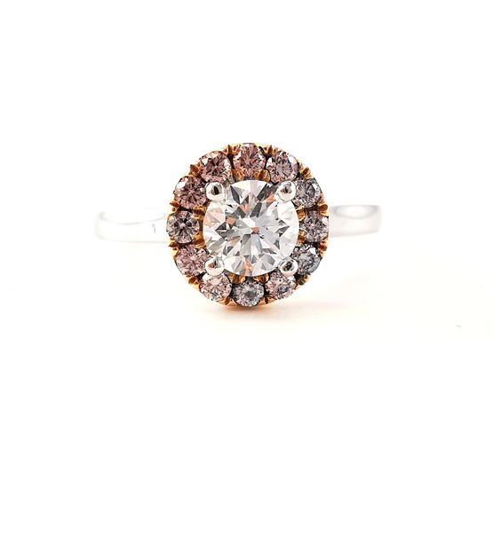 Argyle pink diamond rings, rare pink diamonds, halo design, rings, beautiful rings, engagement rings, statement rings, coloured diamonds, handcrafted rings, Eltham jewellers, Melbourne jeweller, engagement rings, Australia, round brilliant diamond