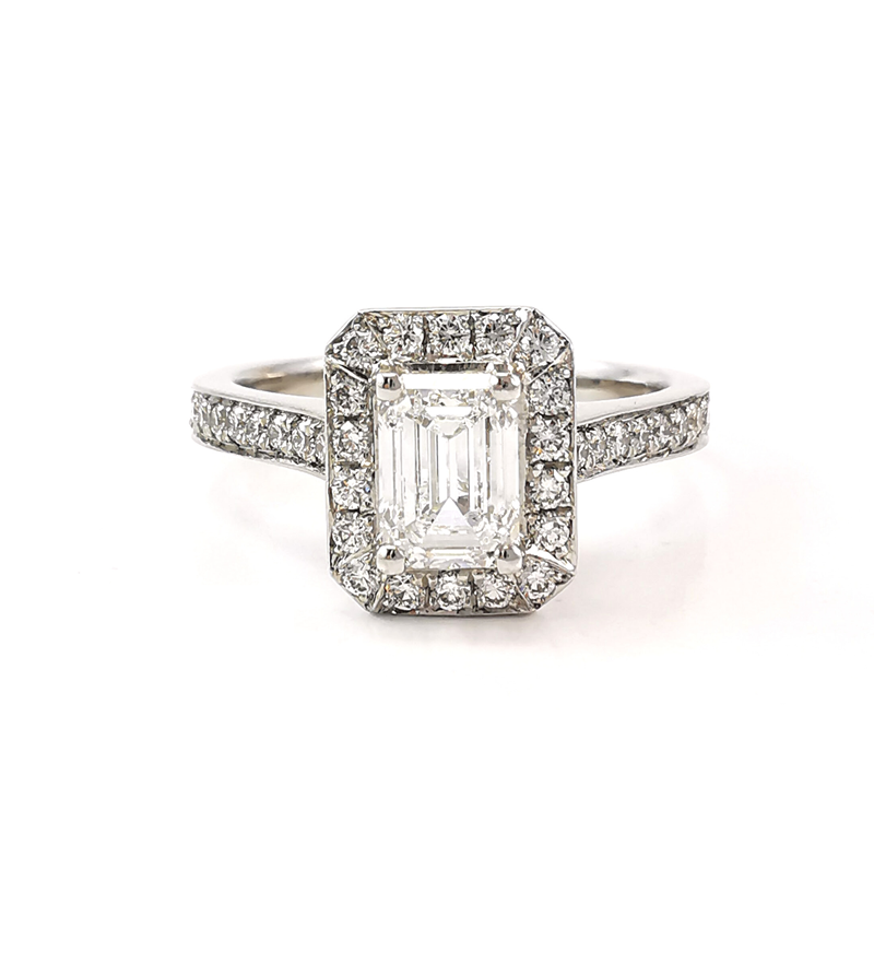 Emerald cut diamond ring, engagement ring ideas, engagement ring shopping, Eltham jeweller, engagement rings most popular, halo, diamond shoulders, handcrafted rings, Melbourne jewellers, Australia
