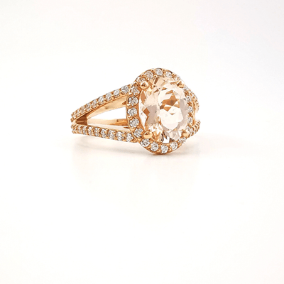 Diamond haloed morganite split band ring in rose gold, Melbourne Australia