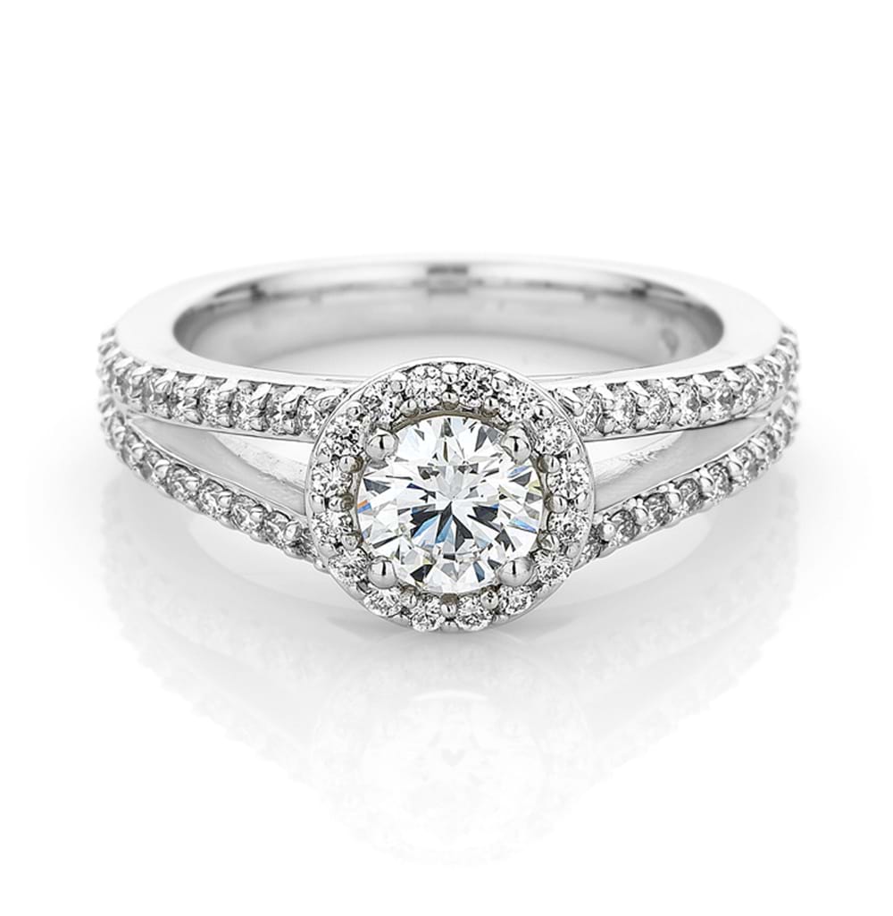 Split band diamond ring with halo of diamonds, Melbourne Australia