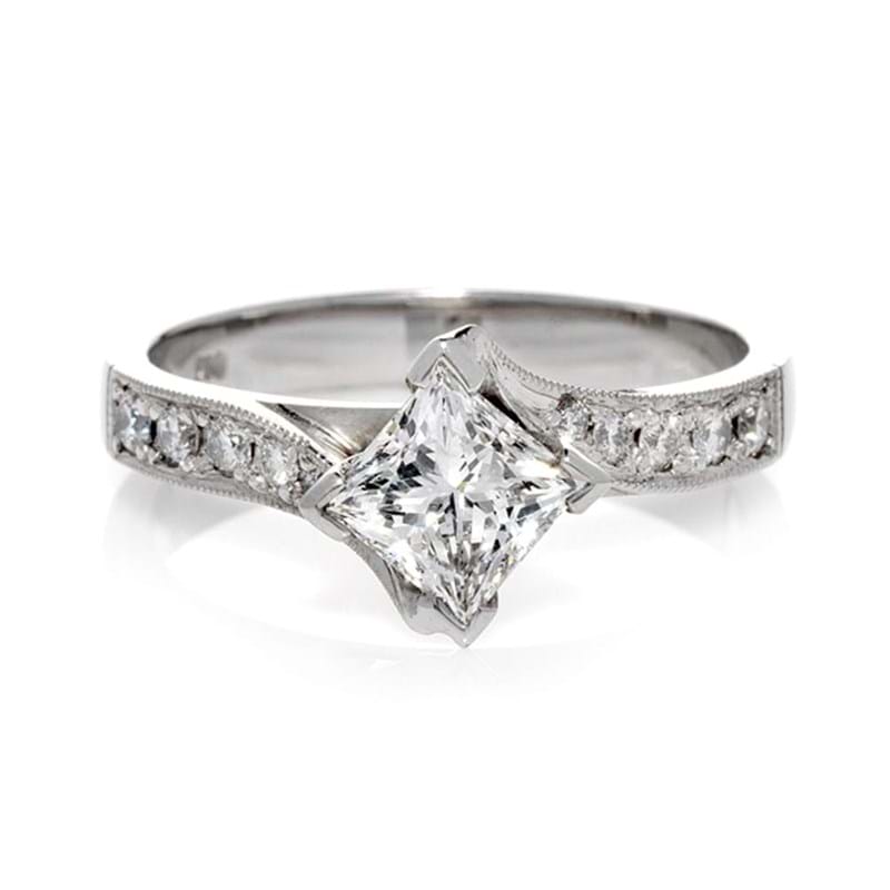Solitaire diamond ring with upswept cross over diamond shoulders, white gold, engagement ring, Melbourne Australia