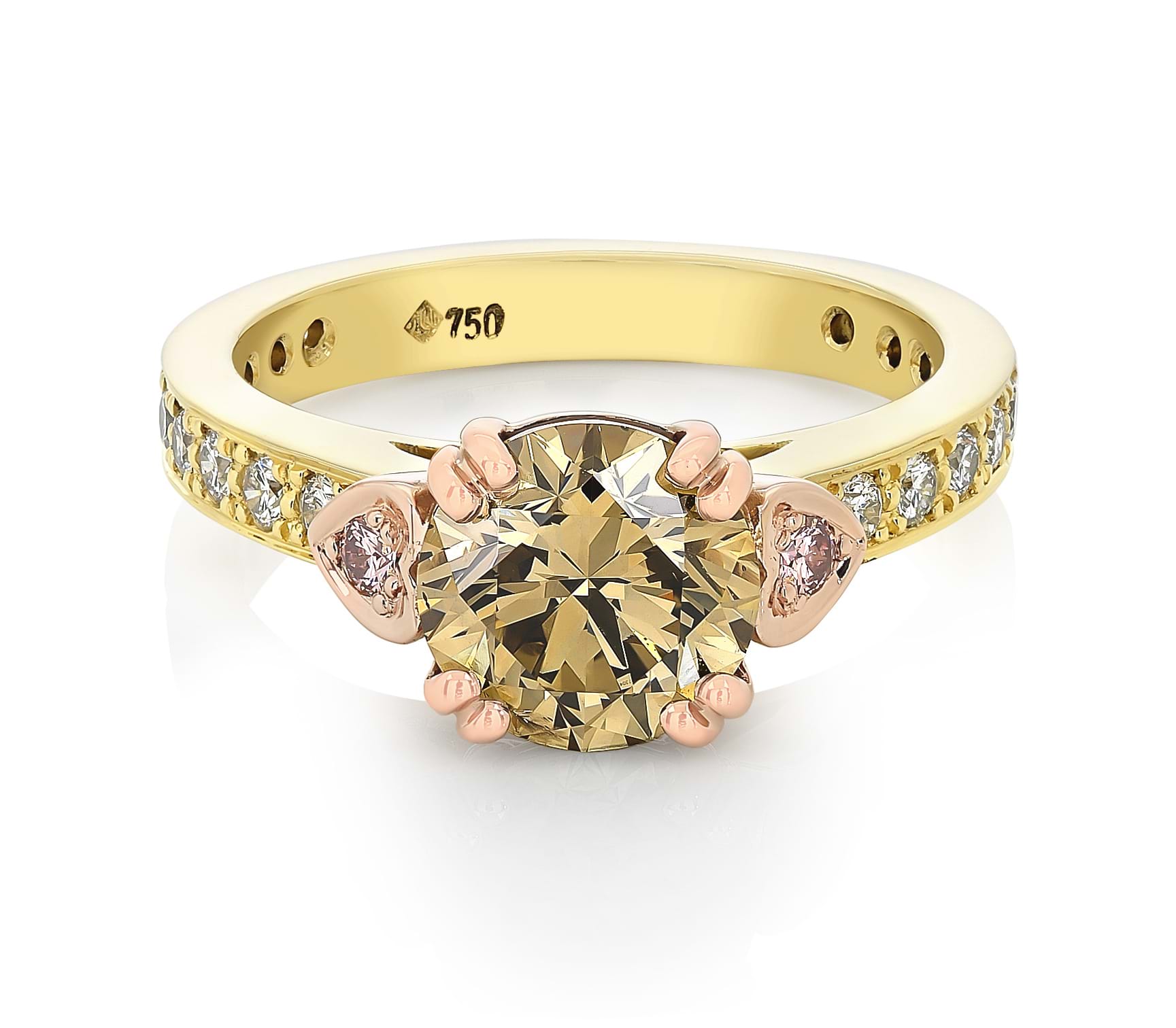 Argyle pink diamond and cognac diamond ring, heart settings, handcrafted rings, rare pink diamonds, rings, fancy claw settings, engagement rings, dress rings, statement rings, cocktail rings, Eltham jewellers, Melbourne jewellers, Australia