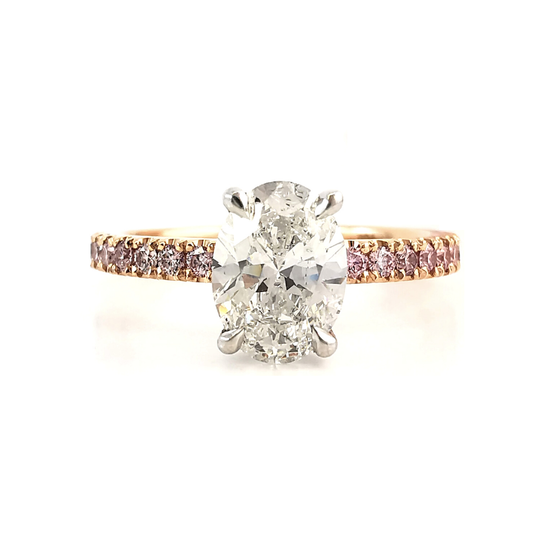 Aria oval diamond engagement ring with rare Argyle pink diamond shoulders, beautiful rings, Eltham jeweller