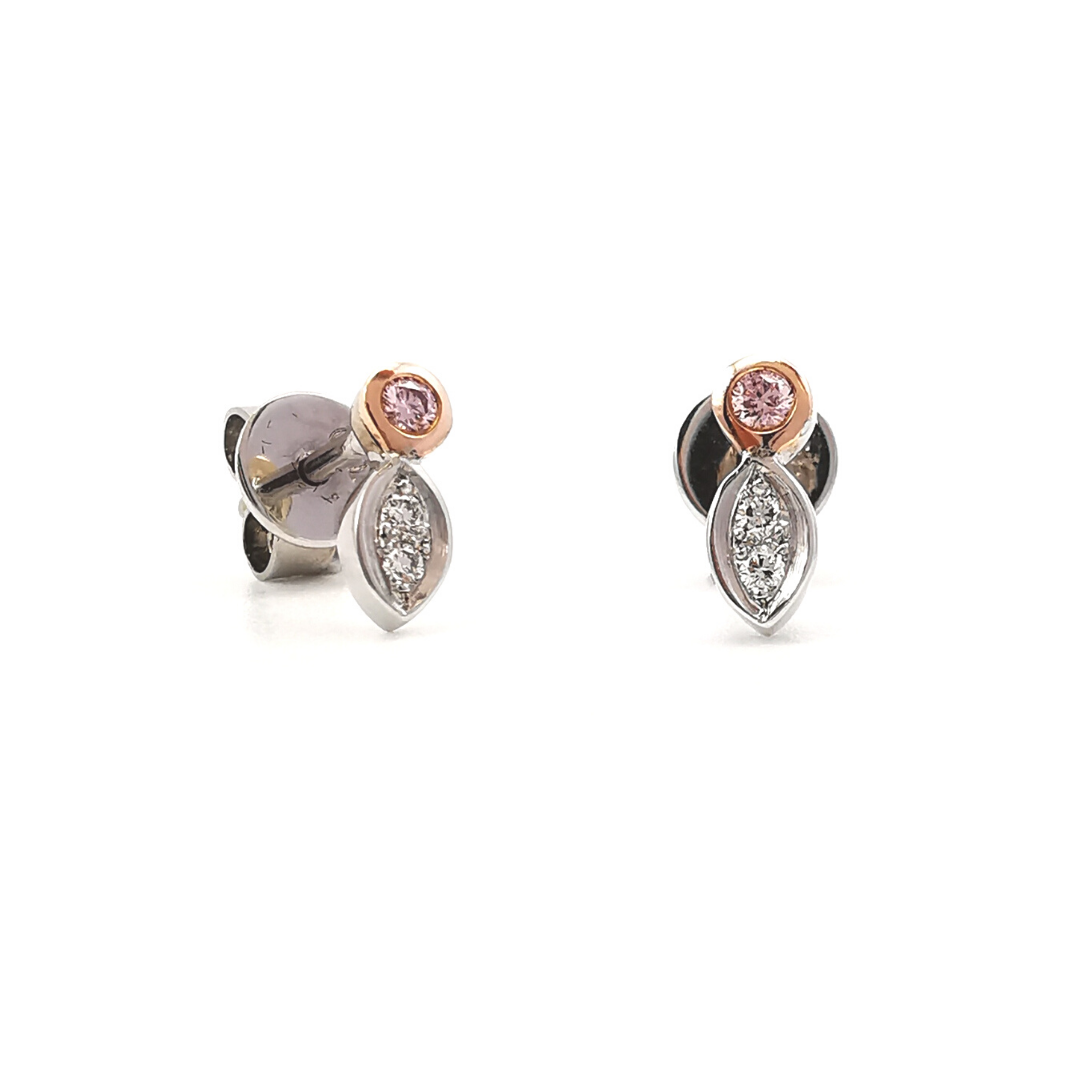 Argyle pink diamond studs with white diamond leaf design in marquise settings, Valentine's Day gift ideas 2020, Eltham, Melbourne, Australia