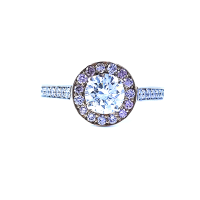 Argyle pink diamond halo ring with diamond band, rose gold and white gold, Melbourne Australia