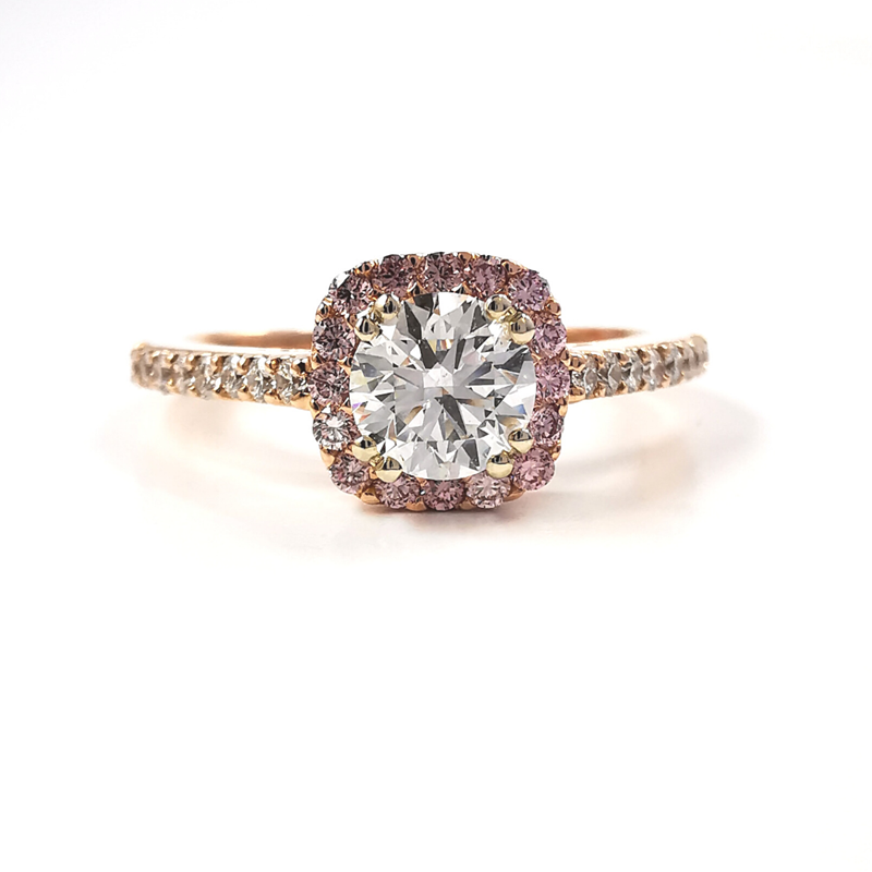 Pink diamond cushion halo ring, diamond shoulders, rose gold, engagement ring, Melbourne Australia