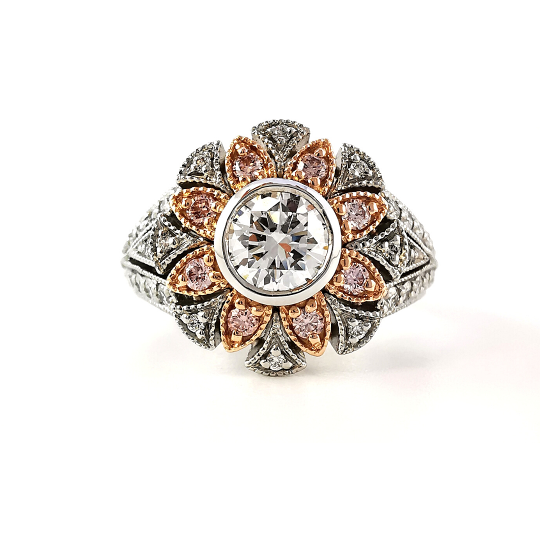 Argyle pink diamond and diamond ring, coloured engagement ring, statement rings, art deco rings, cocktail ring, anniversary rings, jewellery shop online, engagement ring ideas, engagement ring shopping, Melbourne Australia, Eltham jeweller