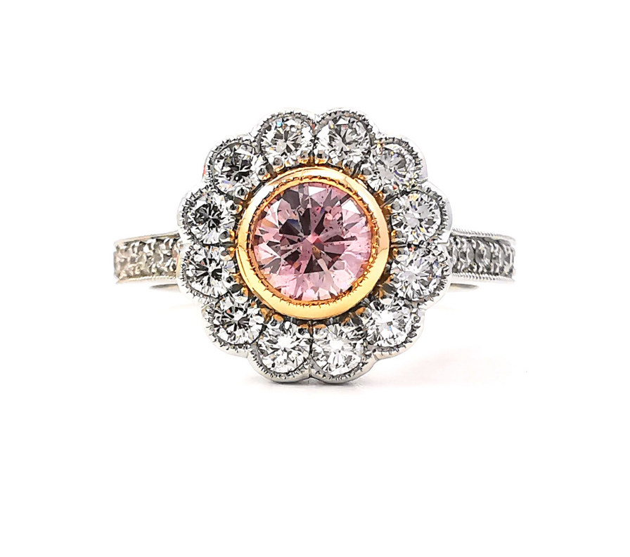 Flower ring with scallop diamond halo, Argyle pink diamond centre stone with rose gold setting, rare diamonds, Valentine's Day luxury gifts, Eltham, Melbourne, Australia