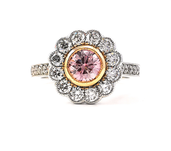 Flower ring with scallop diamond halo, Argyle pink diamond centre stone with rose gold setting, rare diamonds, Valentine's Day luxury gifts, Eltham, Melbourne, Australia