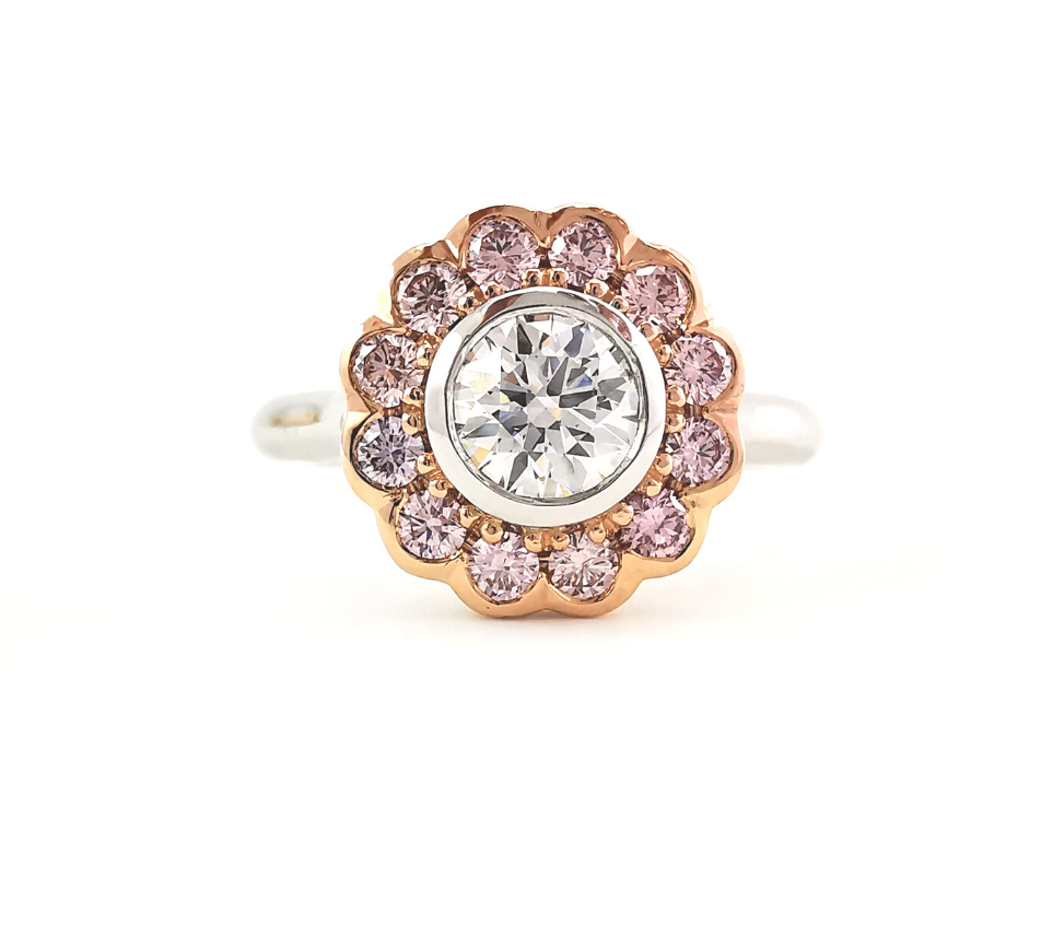 Flower design ring, scallop halo, Argyle pink diamond ring, rose gold and platinum ring, rare diamonds, luxury Mother's Day gift ideas, spoil mum, jewellery online, Eltham jeweller, Melbourne, Australia