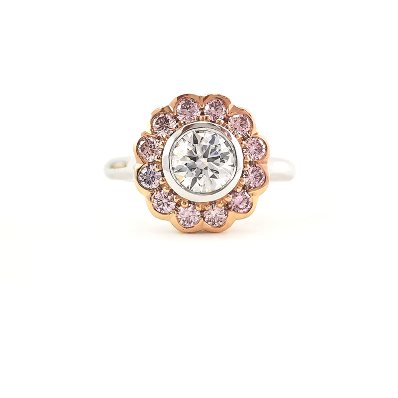Scalloped halo Argyle pink diamond ring with rose gold and centre DVS2 GIA 0.5ct centre diamond, platinum, Eltham, Melbourne, Australia