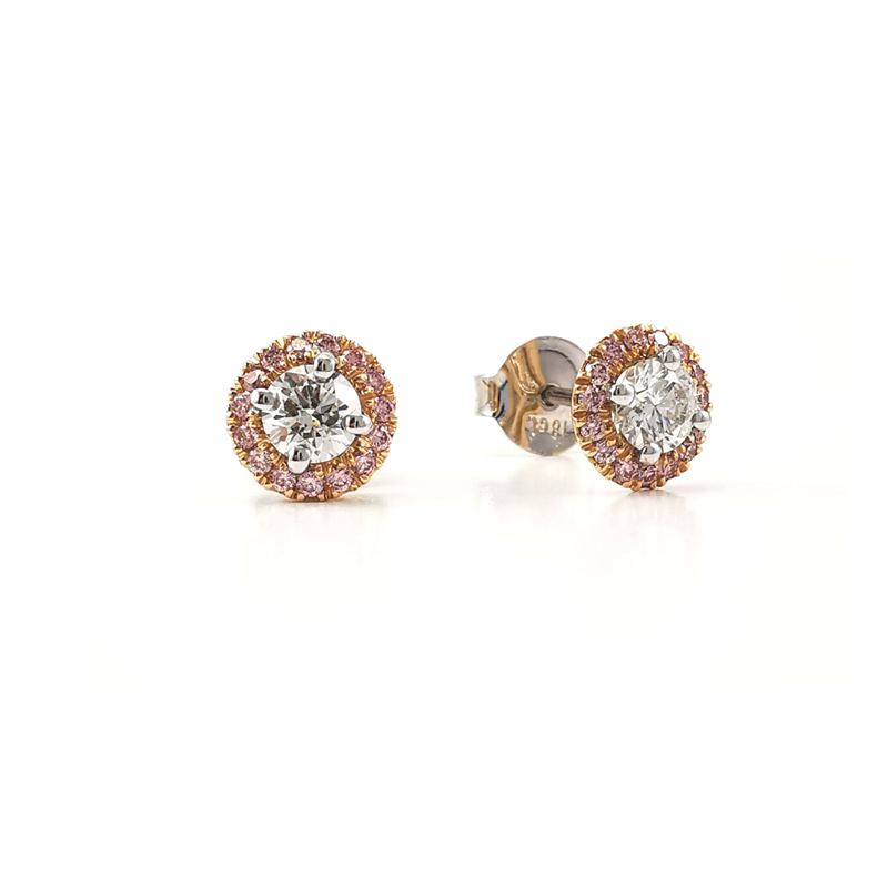 Argyle pink diamond halo stud earrings with diamond centre stone in white gold and rose gold, Melbourne Australia, Eltham jewellers, rare pink diamonds, bridal jewellery