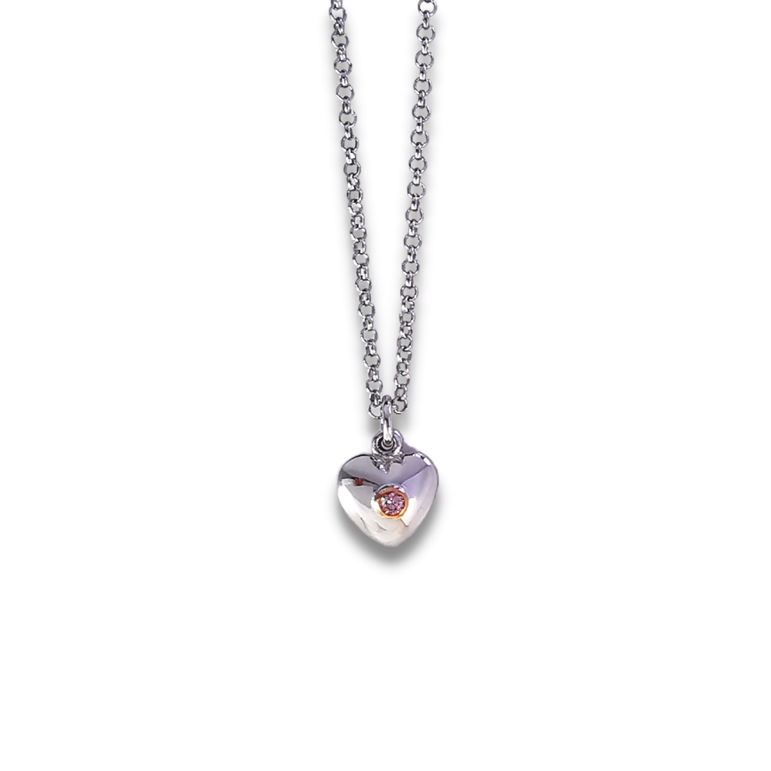 Puffed heart charm pendant in white gold with Argyle pink diamond centre stone set in rose gold on white gold chain, Valentine's Day gift ideas, Eltham, Melbourne, Australia, Valentine's Day for wives, gifts for her, gifts for women
