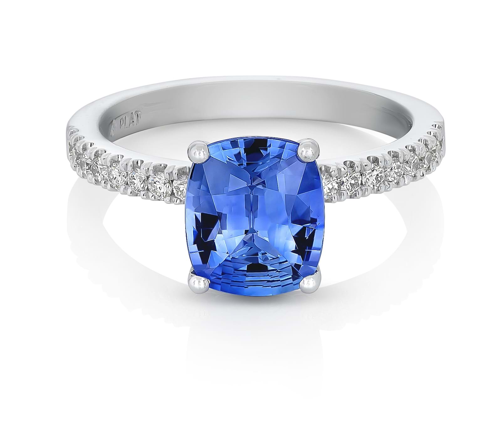 Cushion cut blue sapphire ring with diamond band, diamond shoulders, solitaire, engagement rings, beautiful rings, handcrafted rings, engagement ring shopping, engagement ring ideas, colourful engagement rings, Melbourne, Eltham jewellers, Australia