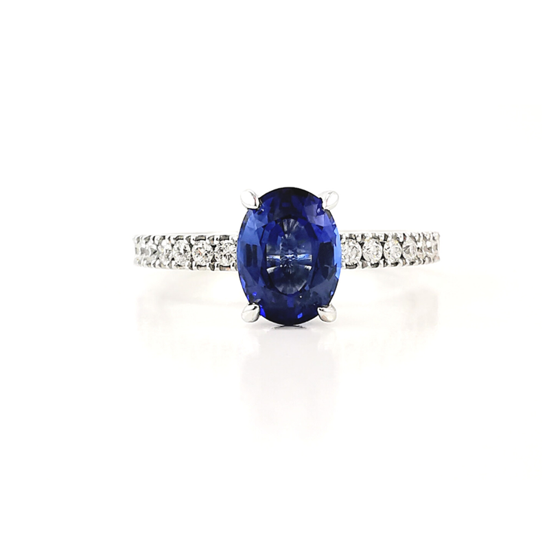 Blue sapphire solitaire with diamond shoulders, engagement ring, dress ring, anniversary ring, rare gemstone rings, 1ct gemstone ring, beautiful rings, Eltham jewellery store, Melbourne, Australia, oval sapphire, oval shape, popular engagement ring s