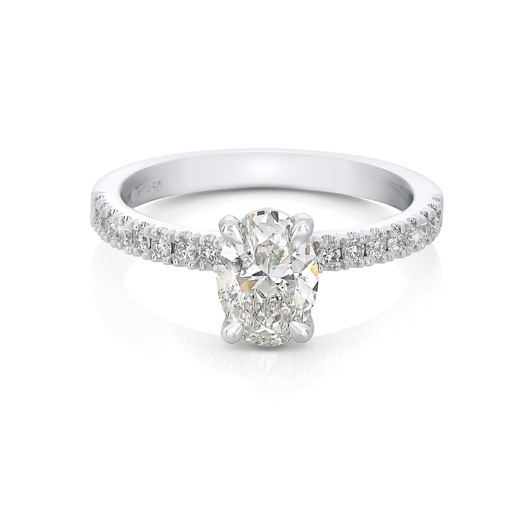 Oval diamond engagement ring, solitaire, diamond shoulders, four claws, white gold, Eltham jeweller, Melbourne, Australia