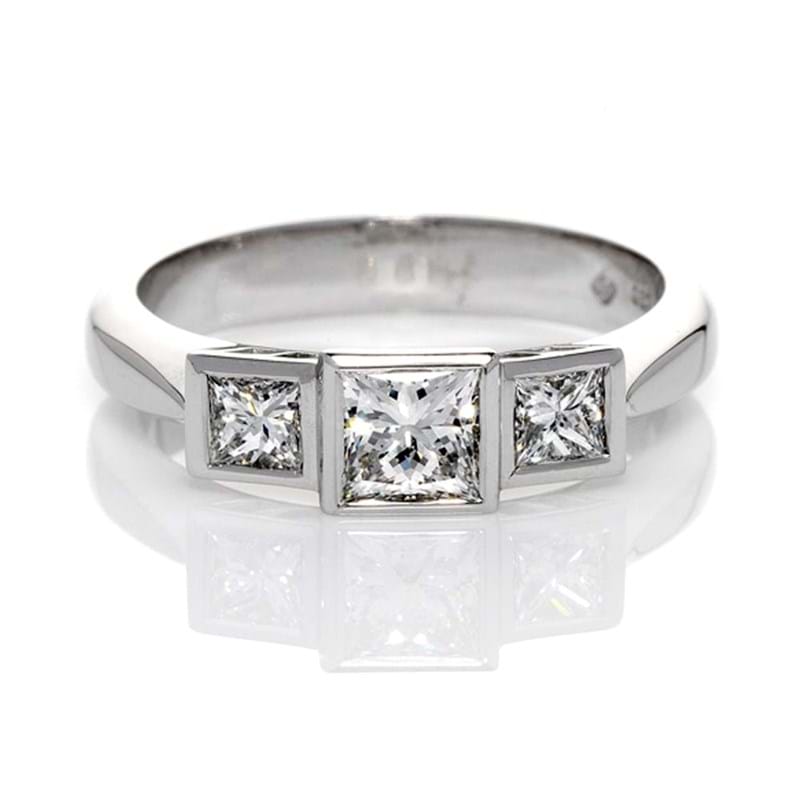 Three stone princess cut bezel set diamond band, engagement ring, Melbourne Australia, trilogy rings