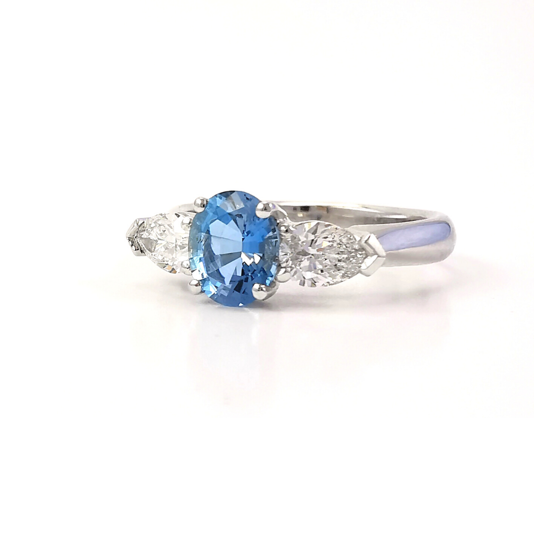 Aquamarine gemstone and diamond ring, coloured engagement ring, three stone ring, unique rings, handcrafted rings, anniversary rings, blue gemstones, blue stones, buy rings online, jewellery shop online, engagement ring ideas, engagement ring shopping,Melbourne Australia