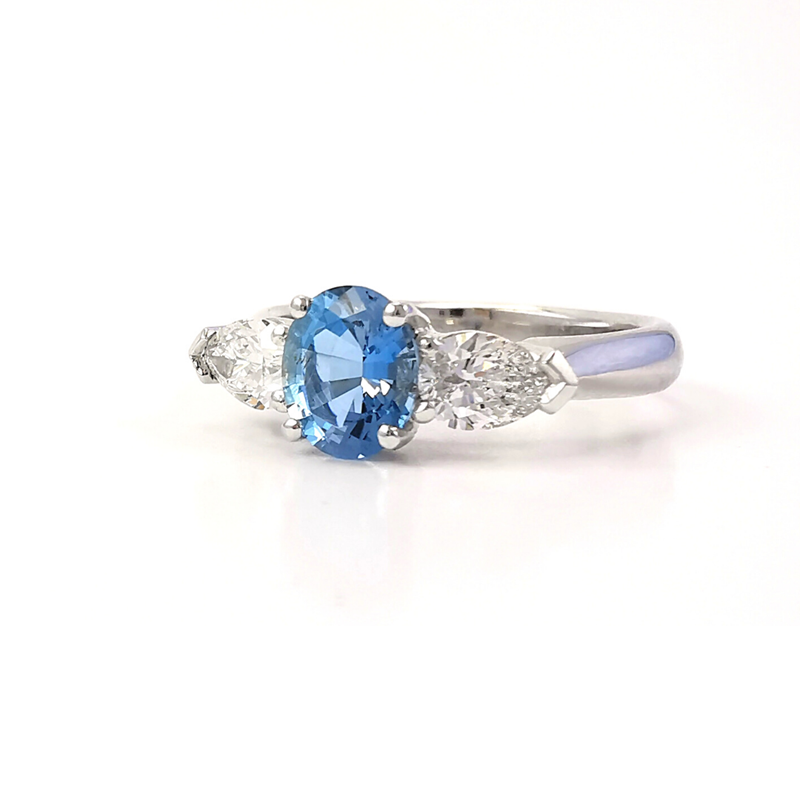 Aquamarine oval gemstone ring with side pear diamonds, platinum ring, engagement ring, beautiful rings, buy rings online, online jewellery shop, three stone ring, march birthstone, 19th wedding anniversary gift, Melbourne jeweller, Eltham, Australia