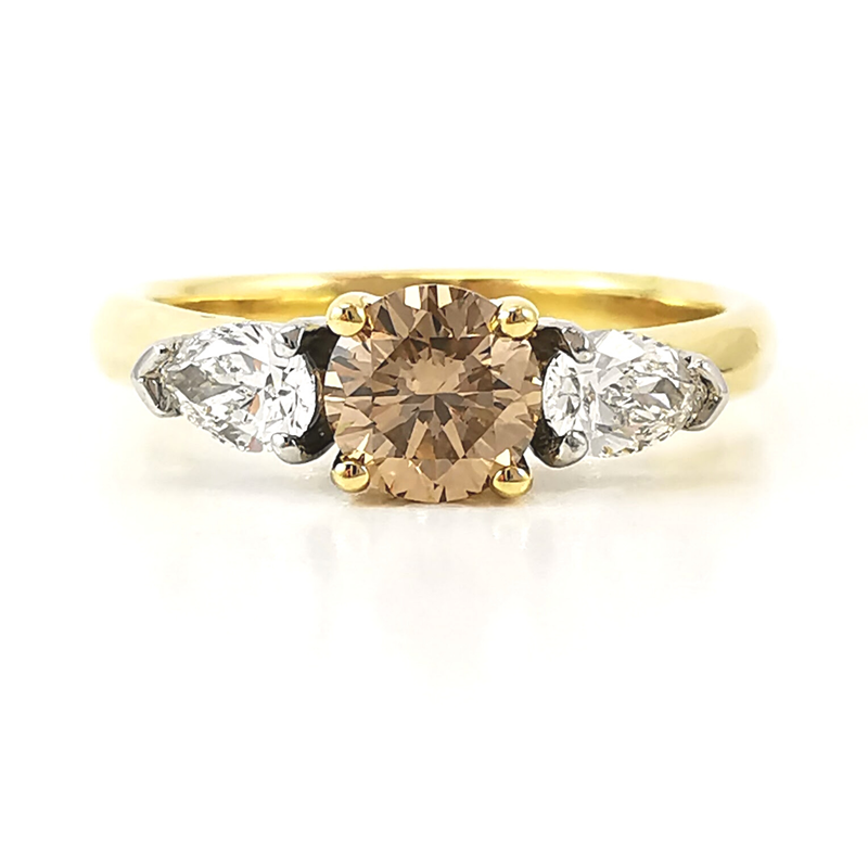 Champagne diamond cognac trilogy three stone ring with side pear diamonds, yellow gold ring, engagement ring, beautiful rings, buy rings online, online jewellery shop, three stone trilogy ring, handcrafted rings, Melbourne jeweller, Eltham, round bri