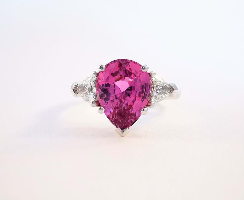 Pink sapphire, diamond ring, three stone trilogy ring, gemstone ring, 3ct rings, pink gemstones, dress rings, statement rings, Eltham jewellers, Melbourne, Australia