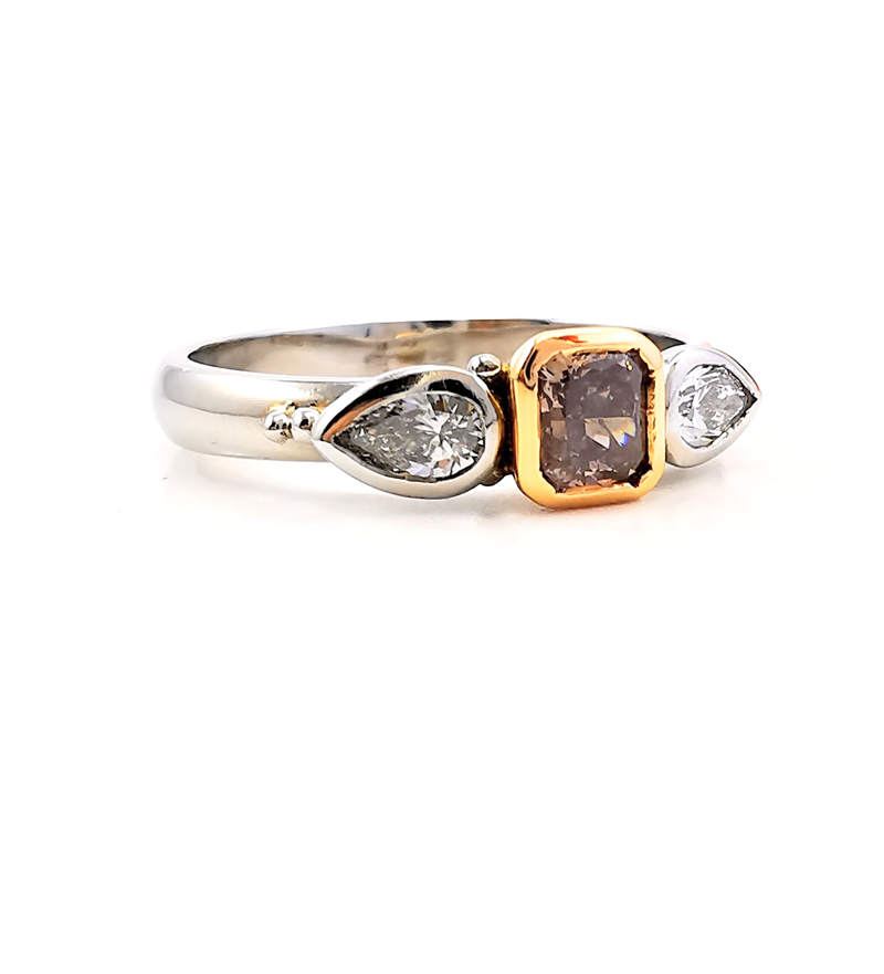 Natural fancy brownish purple pink radiant cut diamond ring in rose gold with side diamonds set in white gold, Melbourne Australia, trilogy rings, Eltham jeweller