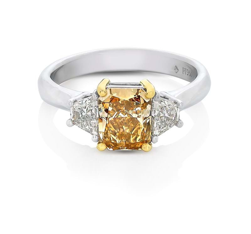 Champagne radiant cut diamond ring with side trapezoids, yellow gold claws and platinum band, two-tone, engagement ring, dress ring, natural coloured diamonds, Eltham jewellers, Melbourne jewellers, Australia, engagement ring shopping, ideas, goals, 