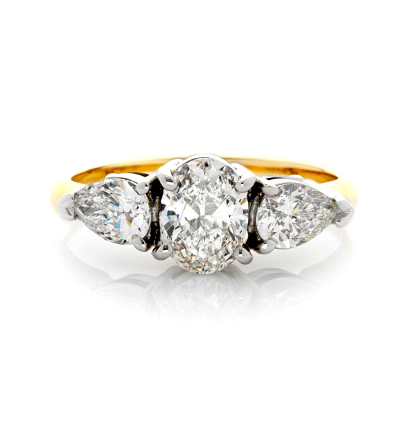 Three stone diamond engagement ring, white and yellow gold, Melbourne Australia, trilogy rings, trilogy diamond ring