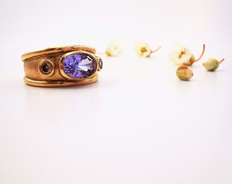 Purple sapphire and cognac diamond rose gold wide-rimmed band, Melbourne Australia