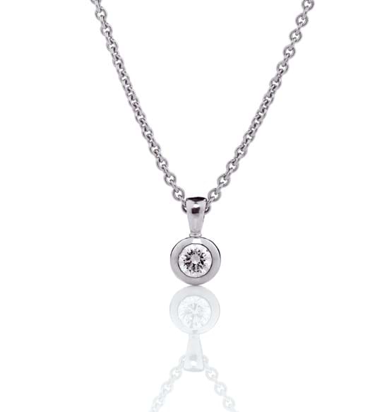 Bezel set diamond pendant in white gold on matching chain, everyday diamonds, Valentine's Day present suggestions, Eltham, Melbourne, Australia