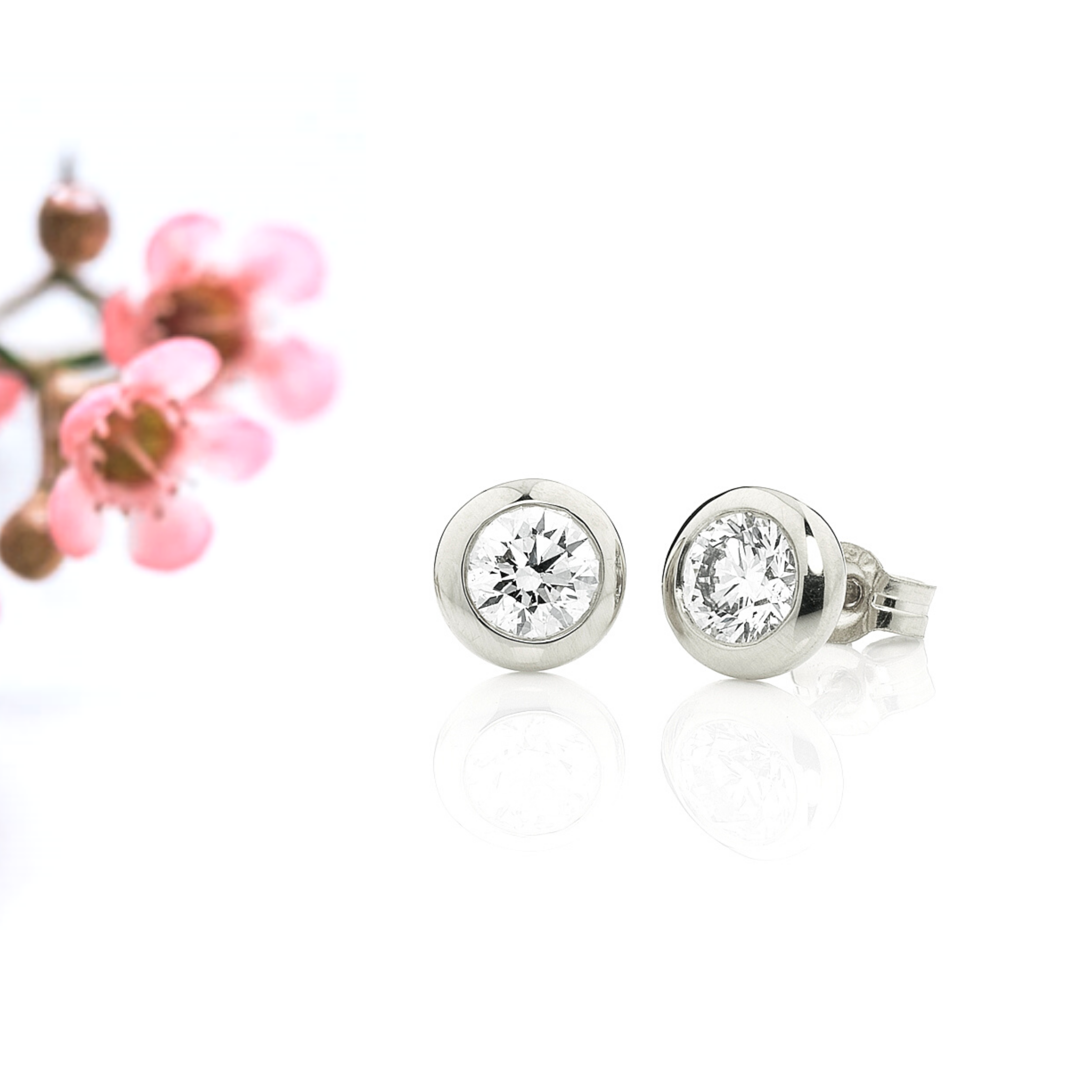 White gold bezel set diamond stud earrings, Melbourne Australia