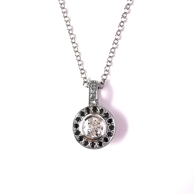 Black diamond halo pendant with centre diamond in white gold, Melbourne Australia