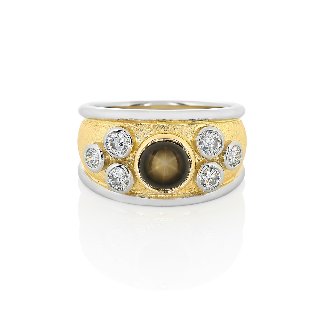 Black star sapphire wide band ring, two-tone rings, buy rings online, handcrafted rings, Eltham jeweller, Melbourne jeweller, Australia