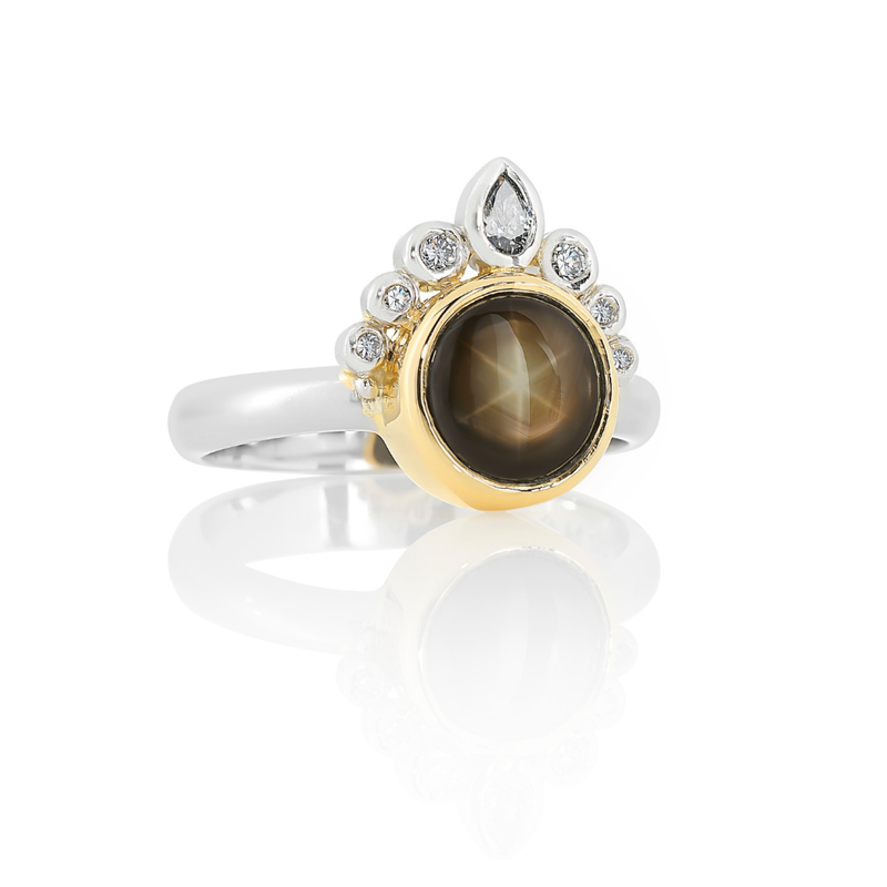 Round black star sapphire and diamond two tone gold and platinum crown design ring, Melbourne Australia ring
