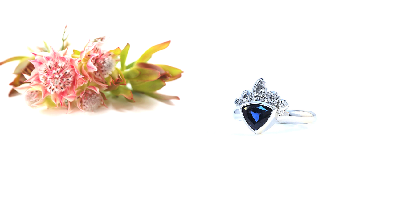 Blue sapphire trillion with diamond crown in white gold, Melbourne Australia