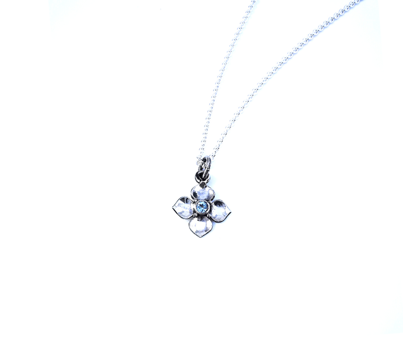 Boronia flower charm pendant with aquamarine centre stone, jewellery, handcrafted, sterling silver, jewellery store online, Eltham jeweller, Melbourne, Australia