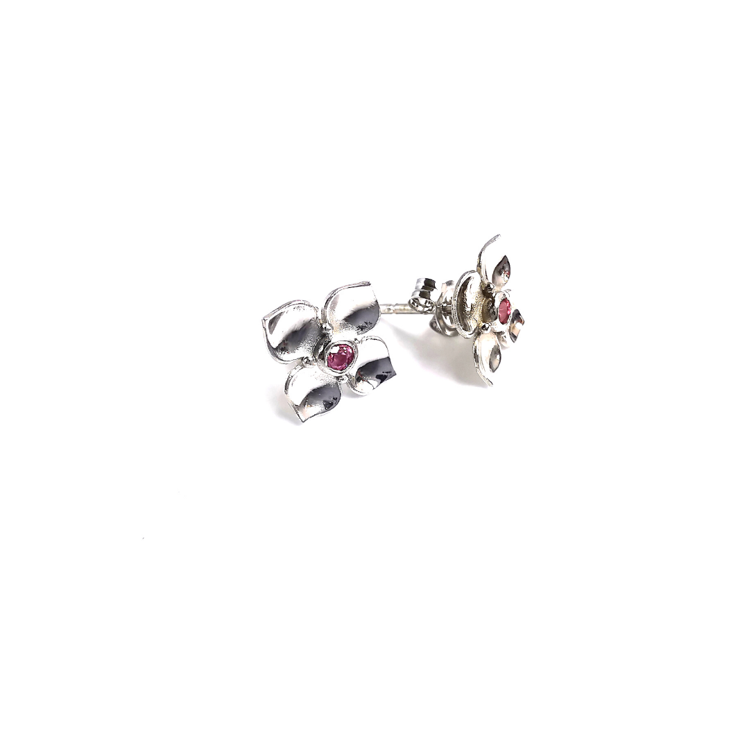 Boronia flower white gold stud earrings, with pink sapphire centre stone, jewellery, Melbourne Australia