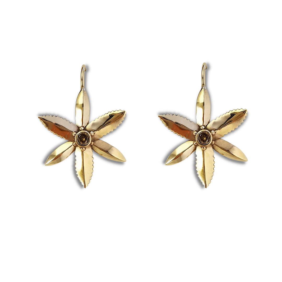 Chocolate lily design earrings in yellow gold with champagne diamond centre stone, hook earrings, Eltham, Melbourne, Australia