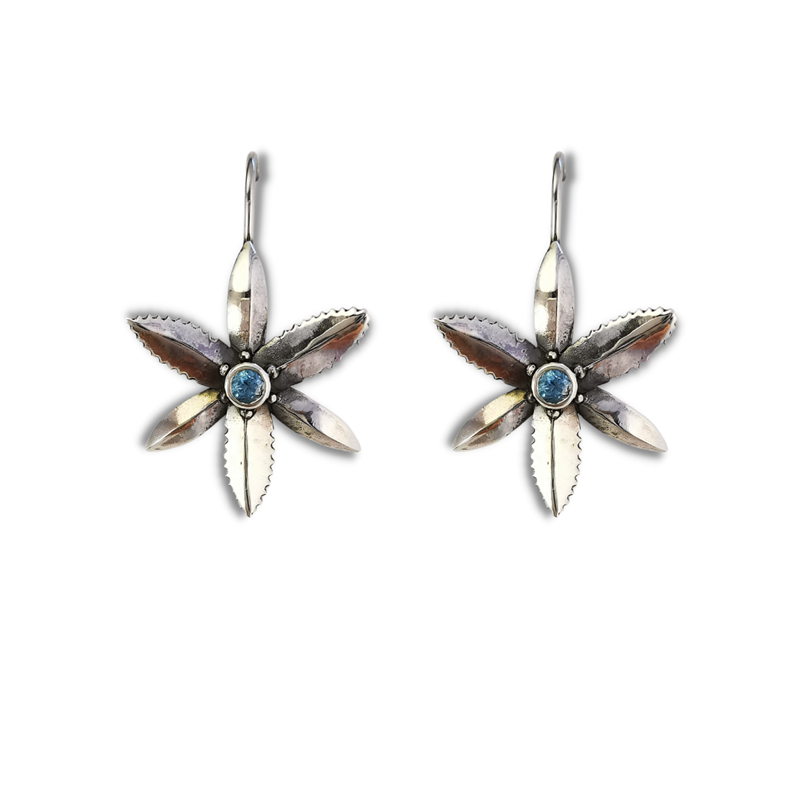 Handcrafted chocolate lily design flower earrings with blue topaz, Eltham, Melbourne, Australia