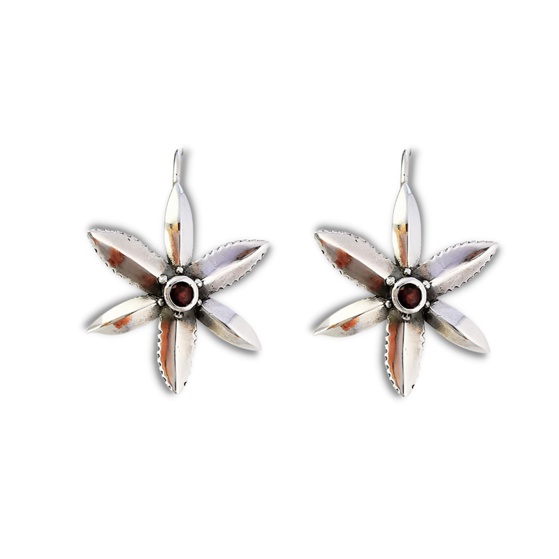 Chocolate lily design flower earrings with garnets, Eltham, Melbourne, Australia
