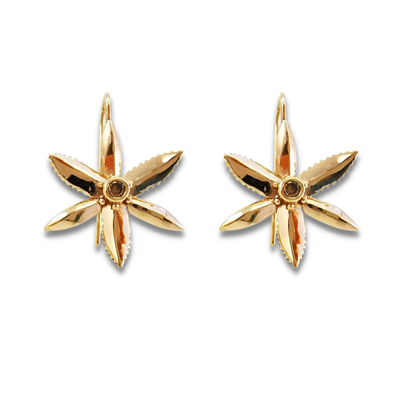 Yellow gold chocolate lily hook earrings with cognac diamond centre stone, jewellery, Melbourne jeweller, Australia