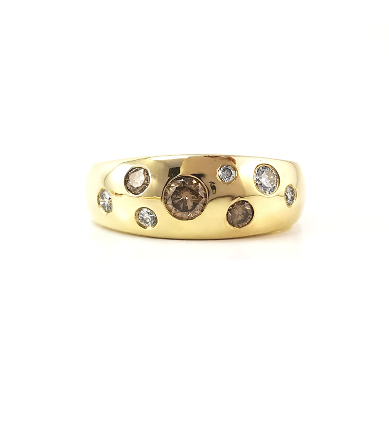 Gypsy set wide yellow gold ring with natural coloured cognac and white diamonds, wide band, engagement ring, wedding anniversary ring, gender neutral rings, handcrafted rings, Eltham jewellers, Melbourne, Australia