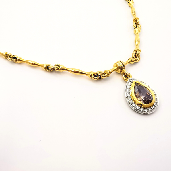 Pear-drop cognac diamond necklace with hourglass handcrafted solid neckchain, yellow gold and white gold with diamond halo, jewellery, Melbourne, Australia